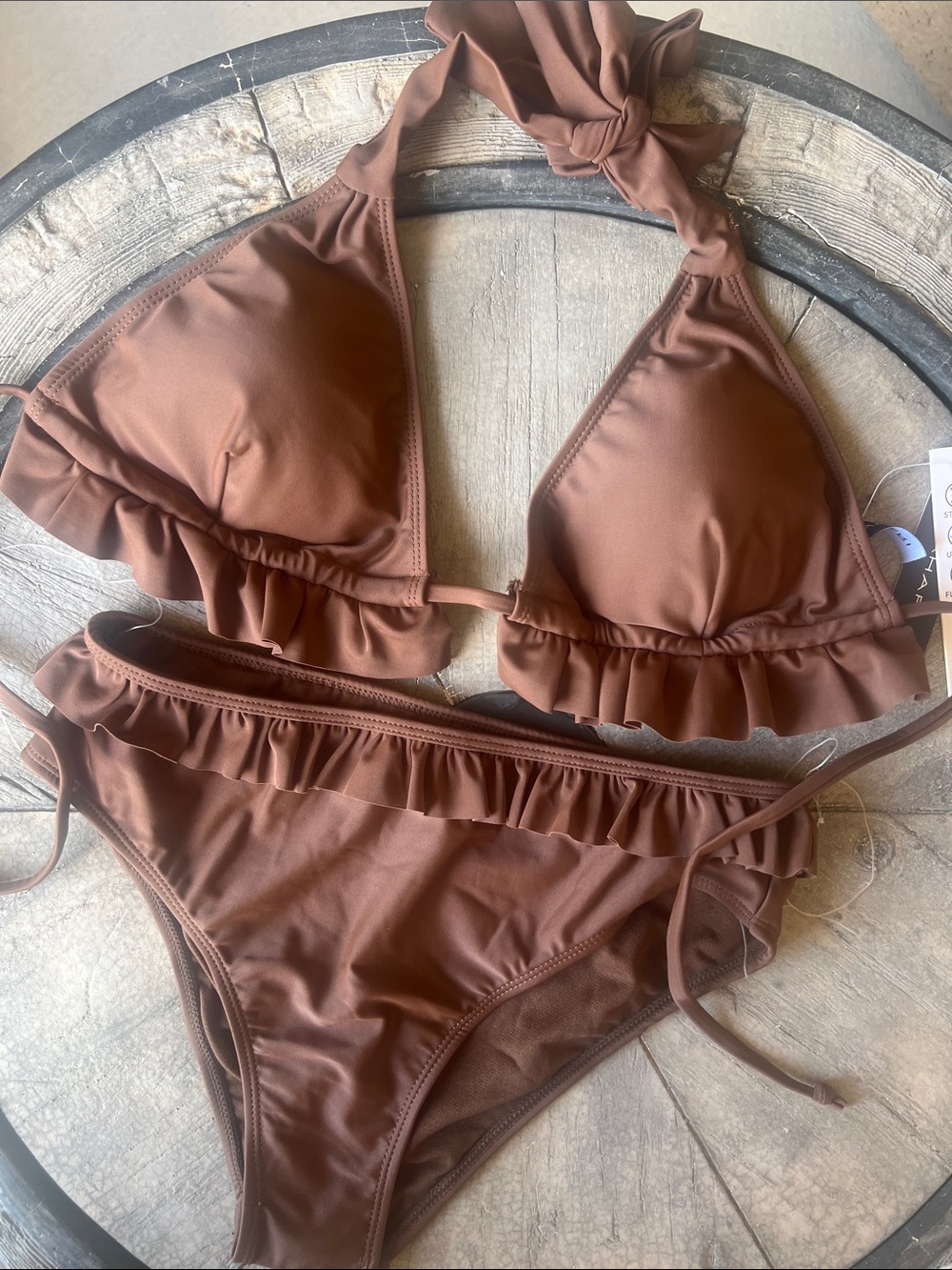 Tahari Cocoa Brown Ruffle Triangle Swim bikini kids Large / Women’s small B11